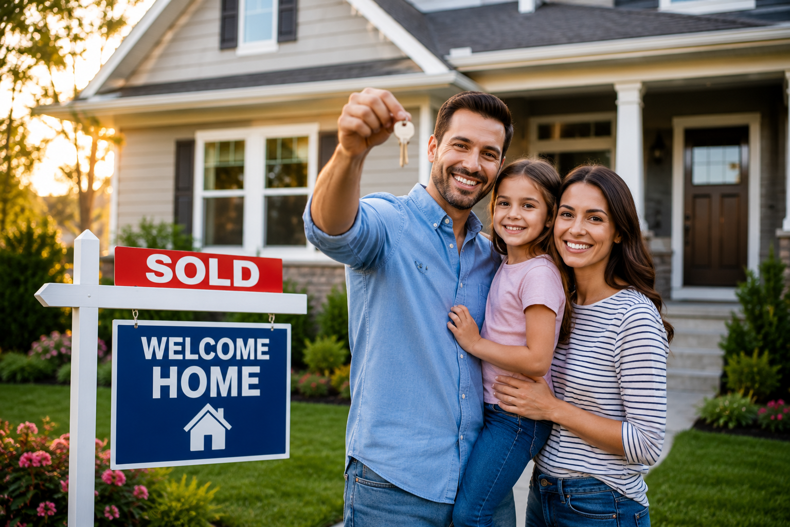 New homeowners in front of their home
